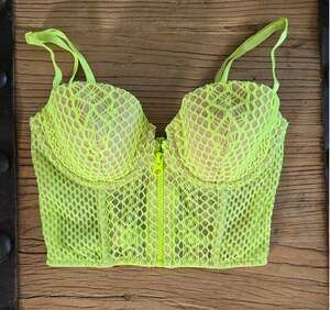 Victoria's Secret Lined Demi Bustier Long Line Bra Neon Green Yellow Mesh sz 32D